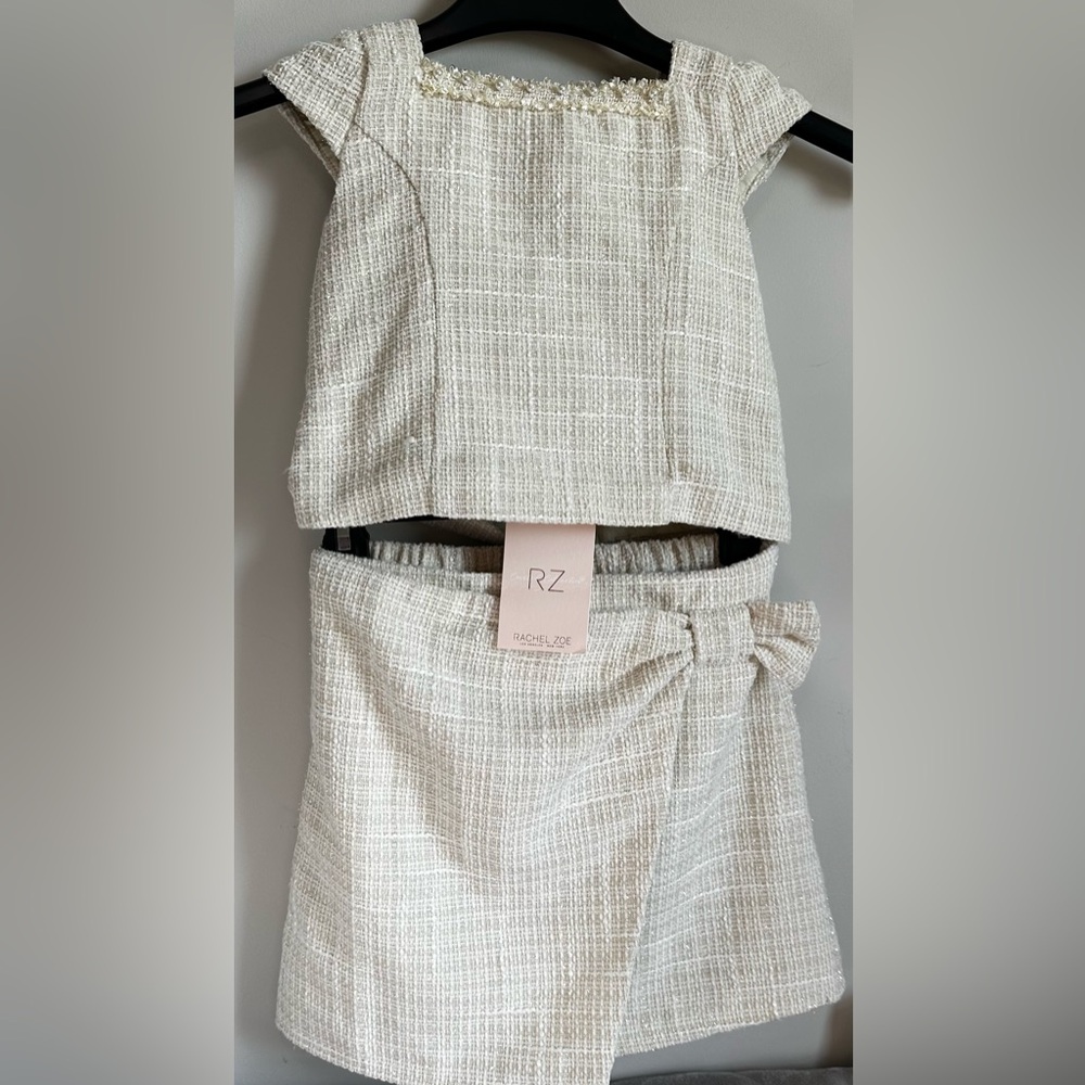 NWT RZ by Rachel Zoe Cream Girls Tweed Two-Piece Formal Dress with Waist Bow